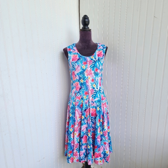 TANGO MANGO $99 Stretch Pin Tuck Floral Casual Tank Dress Monstera Blue Pink S - Picture 1 of 15
